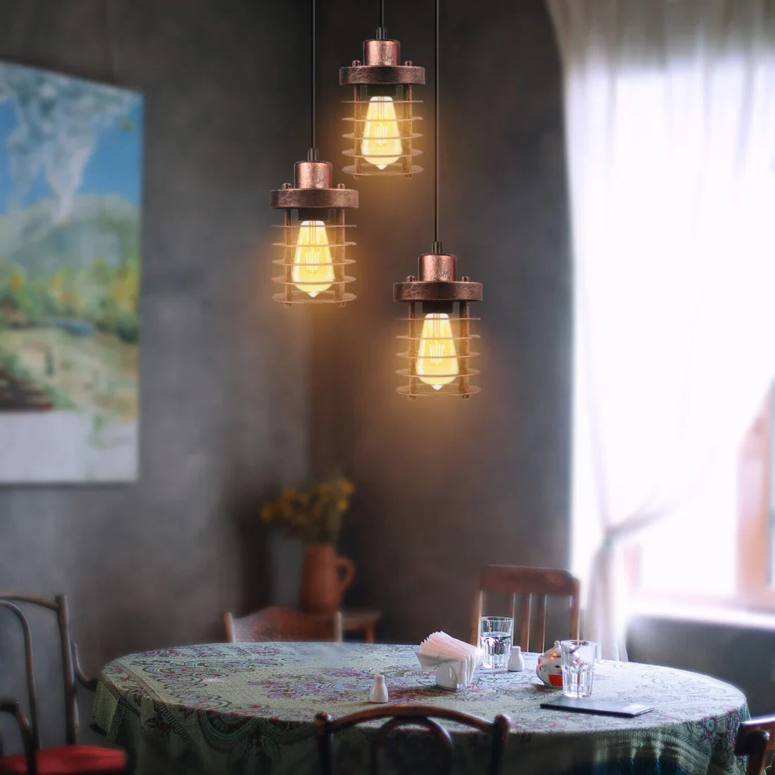 Adjustable Industrial 3-Light Metal Cage Cluster Pendant Ceiling Fixture