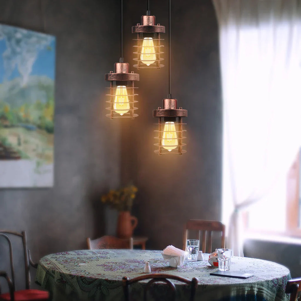 Adjustable 3-Light Industrial Metal Cage Cluster Pendant Ceiling Mount Fixture