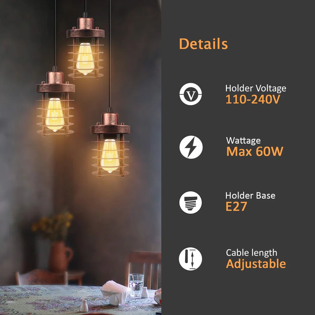 Adjustable 3-Light Industrial Metal Cage Cluster Pendant Ceiling Mount Fixture