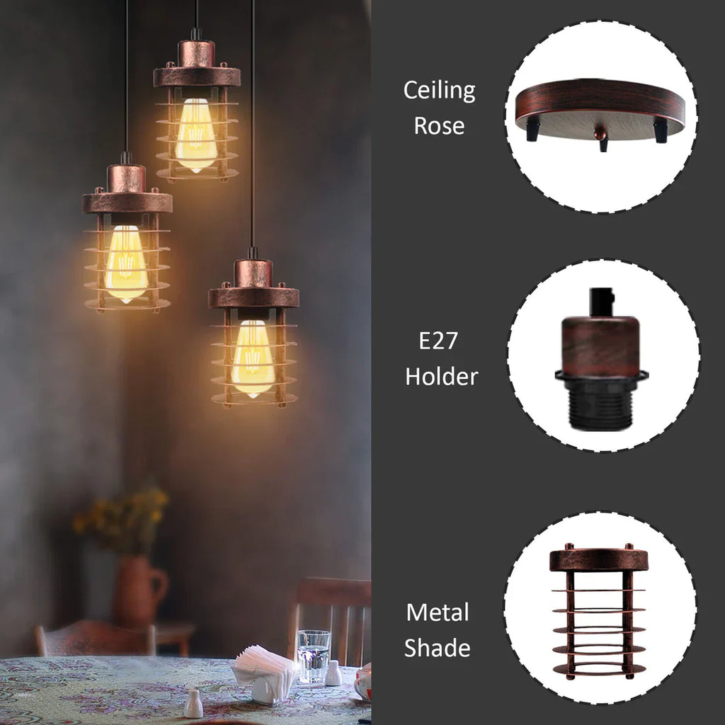 Adjustable Industrial 3-Light Metal Cage Cluster Pendant Ceiling Fixture