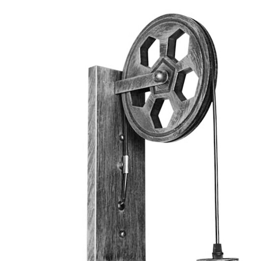Vintage Industrial Metal Wood Pulley Wall Sconce Light Adjustable Retro Design