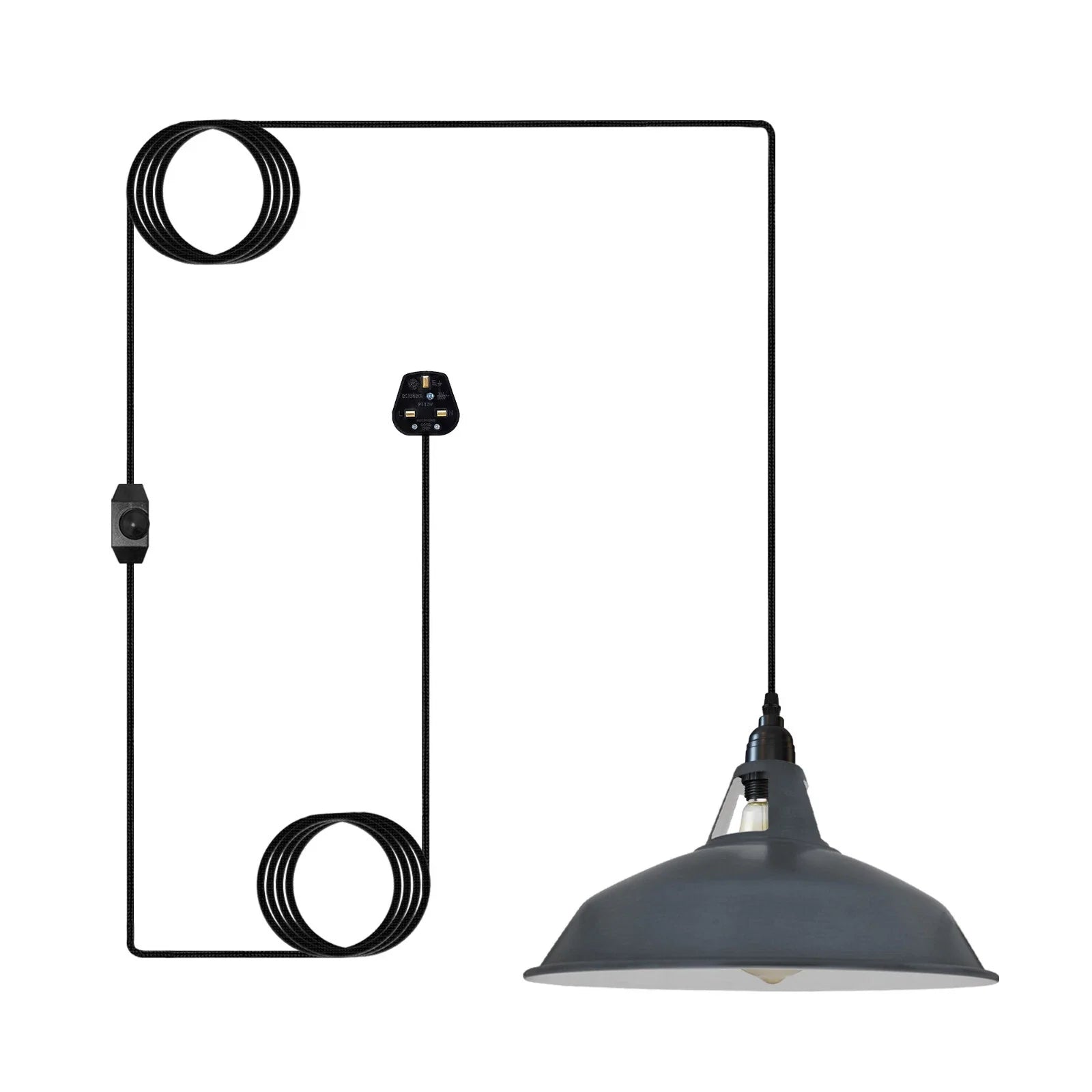 Industrial Plug-in Pendant Light with 12-inch Metal Shade and Dimmer