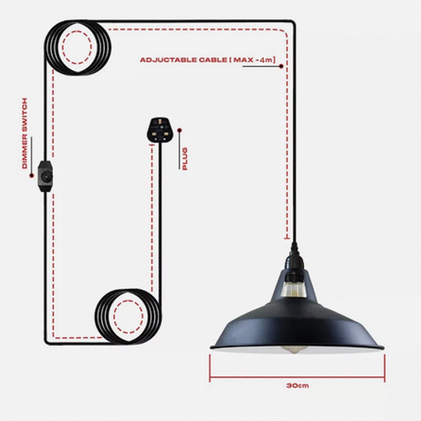 Industrial Plug-in Hanging Pendant Light with 12 Inch Shade and Dimmer Switch