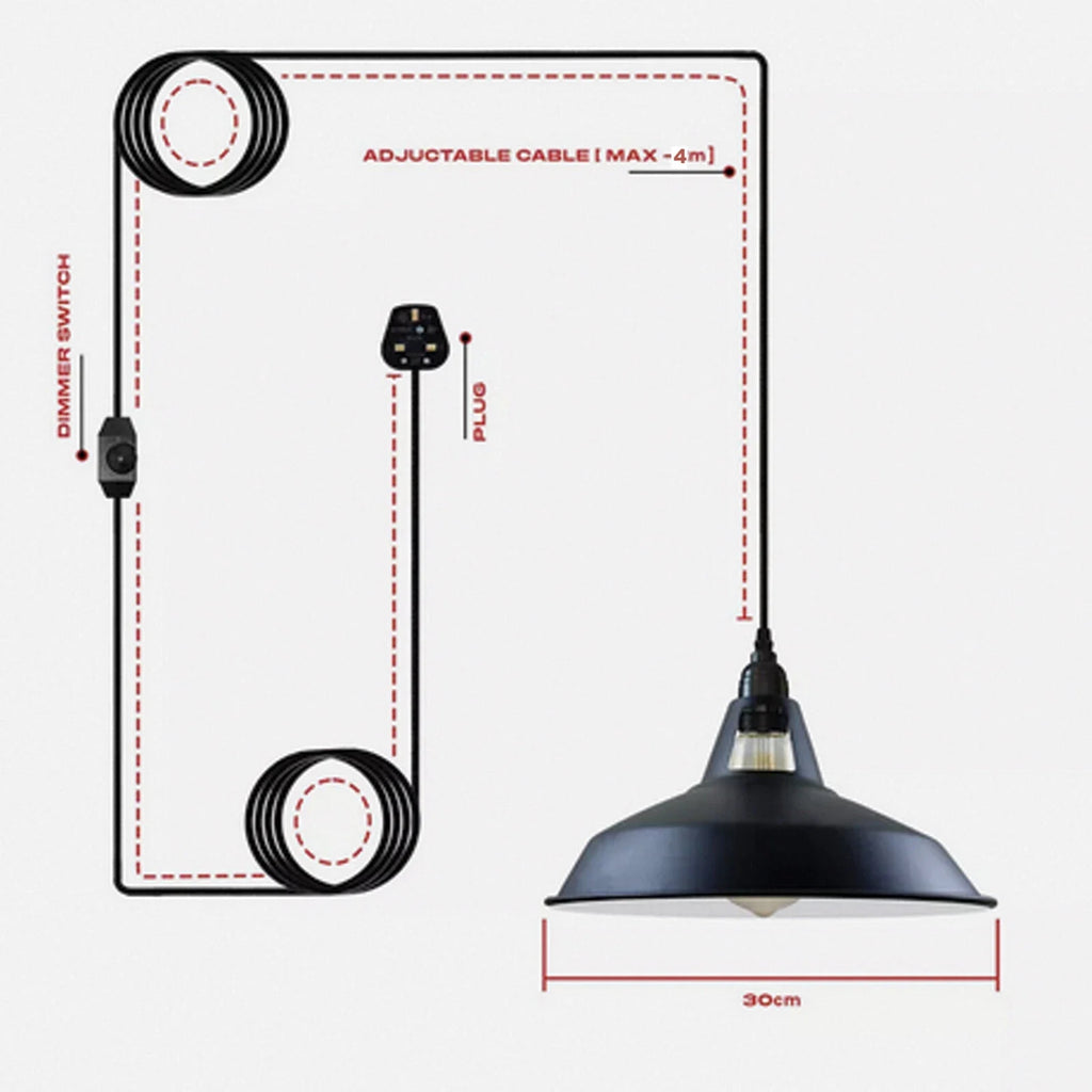 Industrial Plug-in Hanging Pendant Light, 13ft Cord, 11.8in Metal Shade & Dimmer