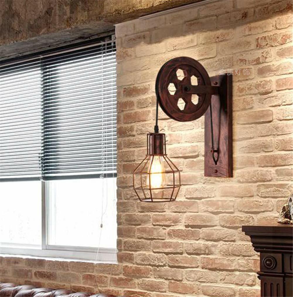 Vintage Industrial Metal Wood Pulley Wall Sconce Light Adjustable Retro Design