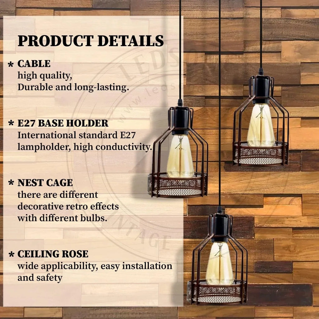 Vintage Industrial Modern 3-Light LED Ceiling Pendant Chandelier with Cage Shades