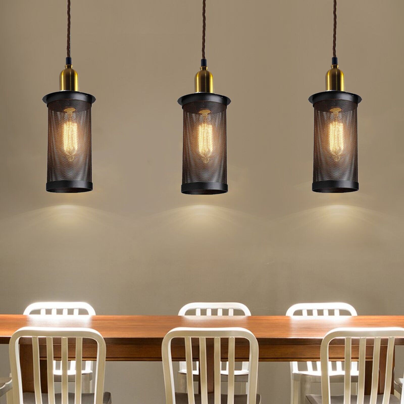 Industrial Retro Metal Drum Cage Pendant Light with Gold E27 Holder