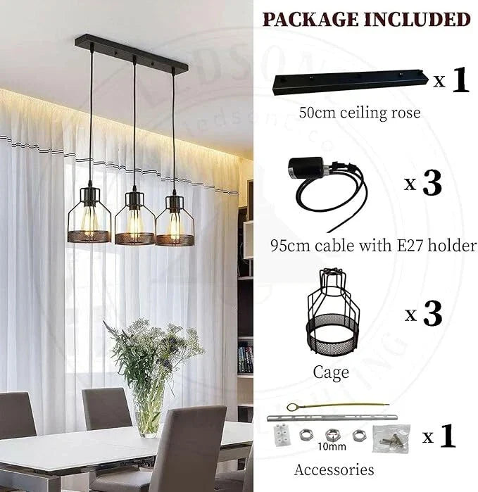 Vintage Industrial Modern 3-Light LED Ceiling Pendant Chandelier with Cage Shades