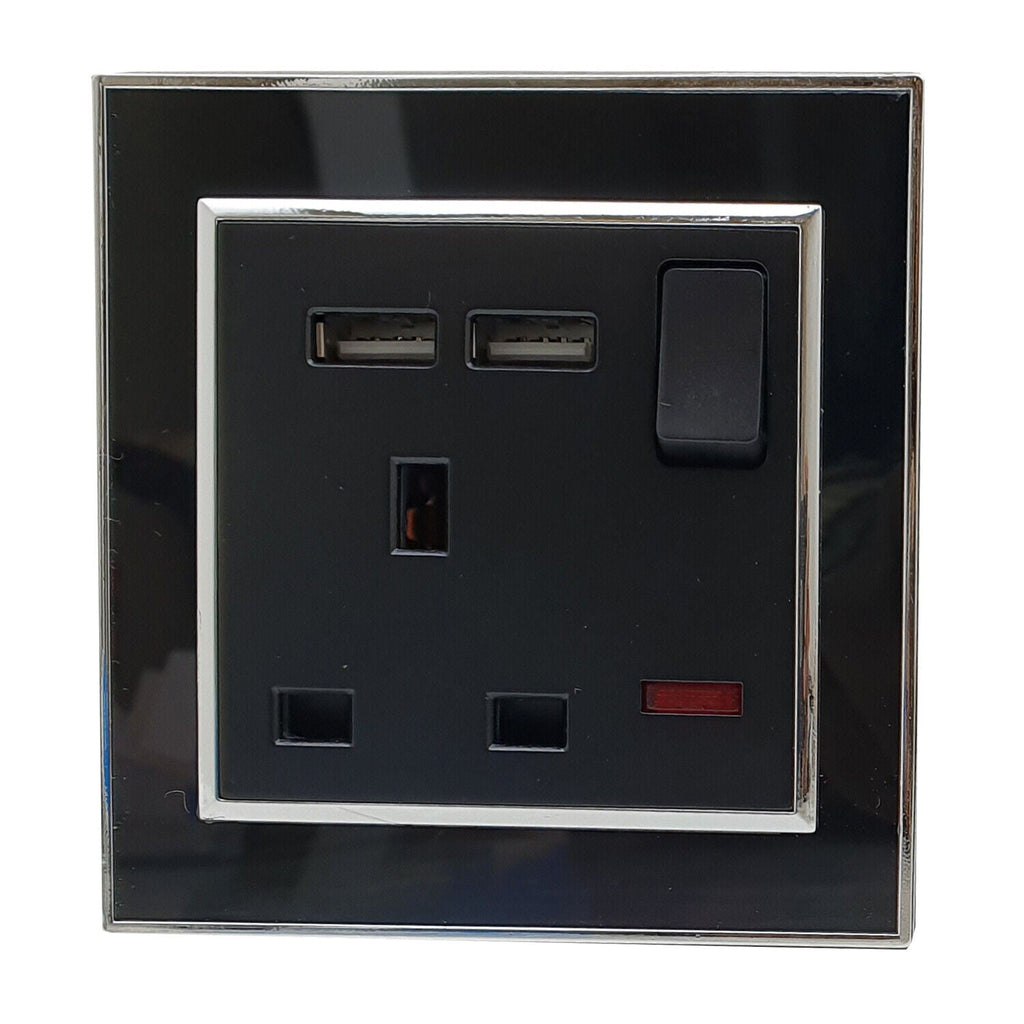 Modern Screwless Flat Plate 13A Wall Socket with Dual USB Charging Ports