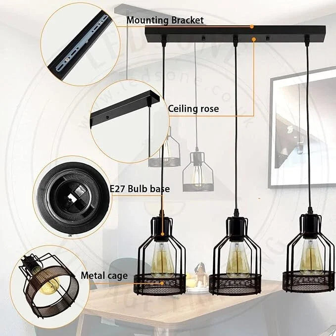 Vintage Industrial Modern 3-Light LED Ceiling Pendant Chandelier with Cage Shades