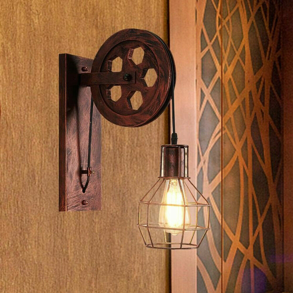Vintage Industrial Metal Wood Pulley Wall Sconce Light Adjustable Retro Design