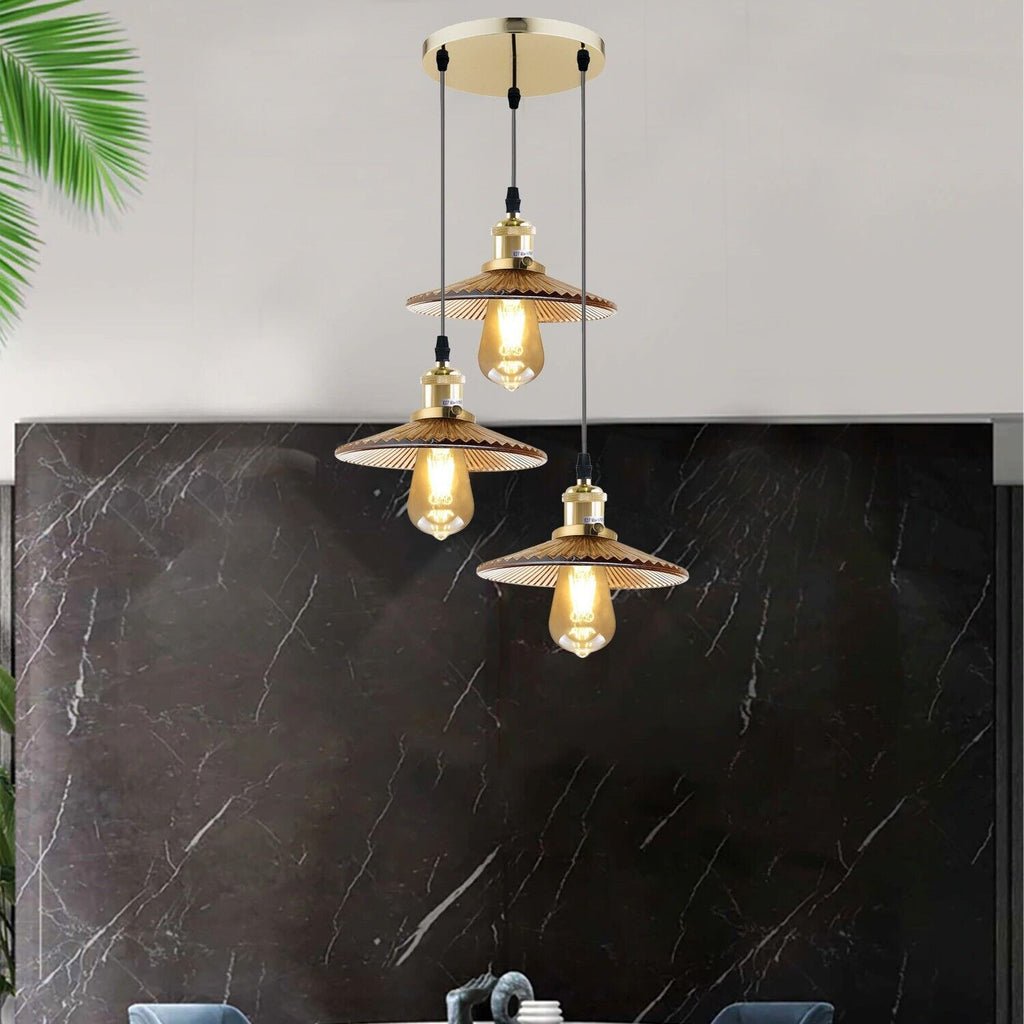 Vintage Industrial Amber Glass 3-Way Ceiling Pendant Light Fixture