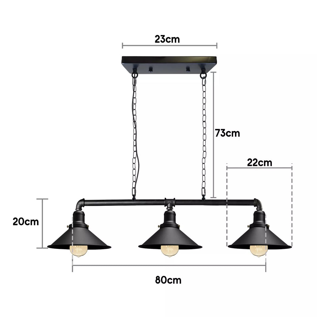 Industrial Steampunk 3 Way Black Metal Pipe Ceiling Pendant Light
