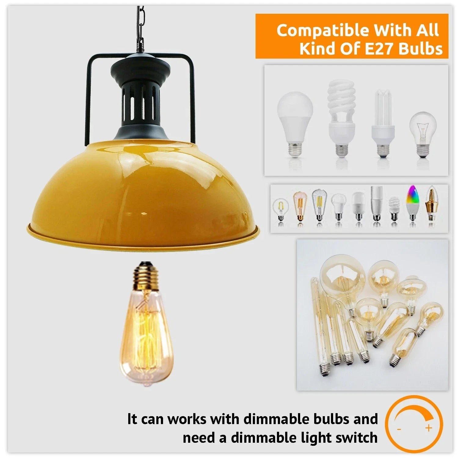Elegant Retro Yellow Metal Pendant Light, Dimmable Industrial Style Ceiling Fixture