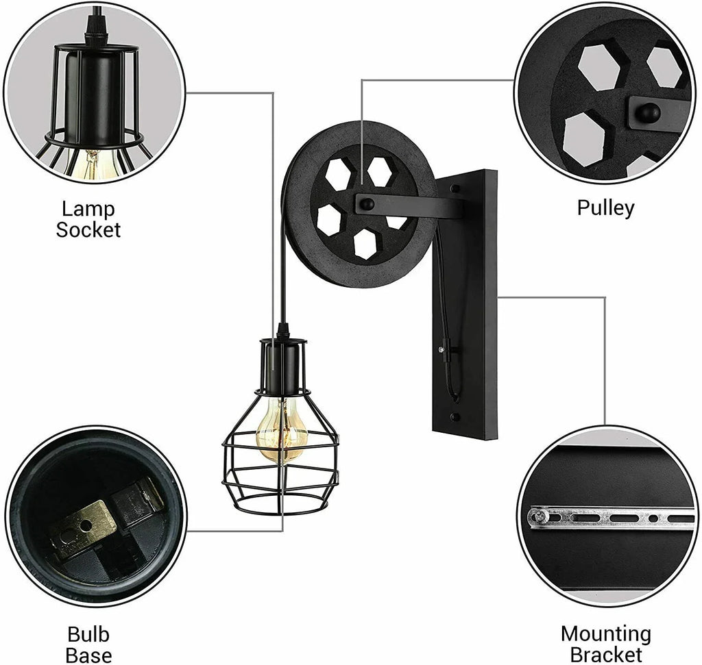 Industrial Vintage Pulley Wall Lamp with Adjustable Height Iron Shade