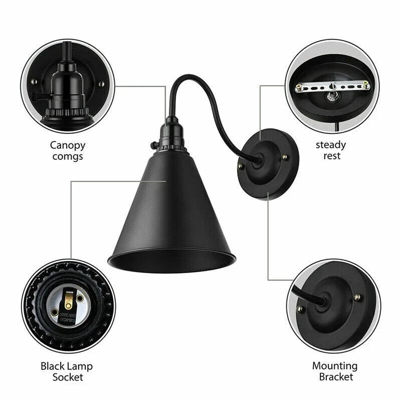Industrial Metal Wall Sconce Light with On/Off Switch E27 Holder