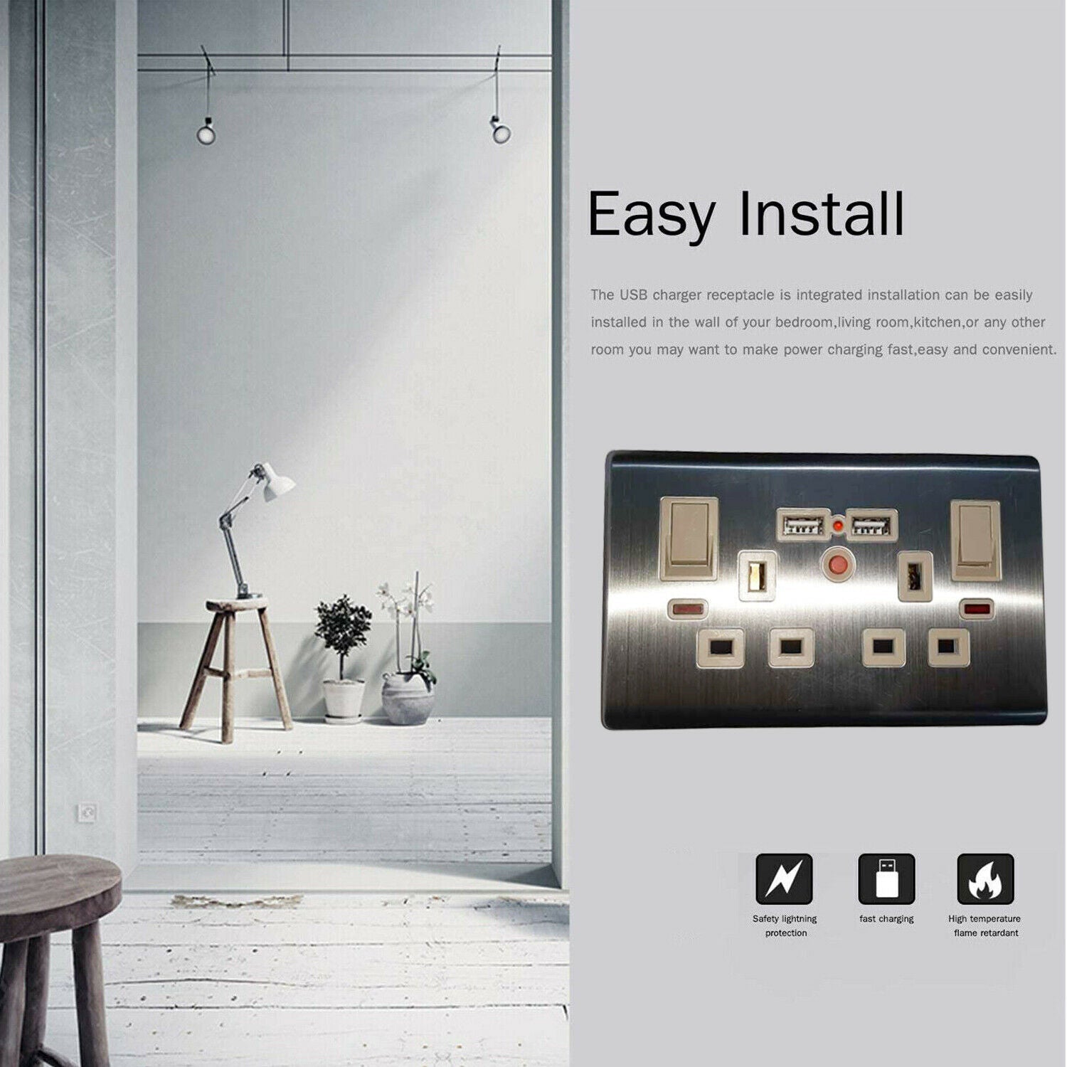 Modern Screwless Flat Plate 13A Wall Socket with Dual USB Charging Ports