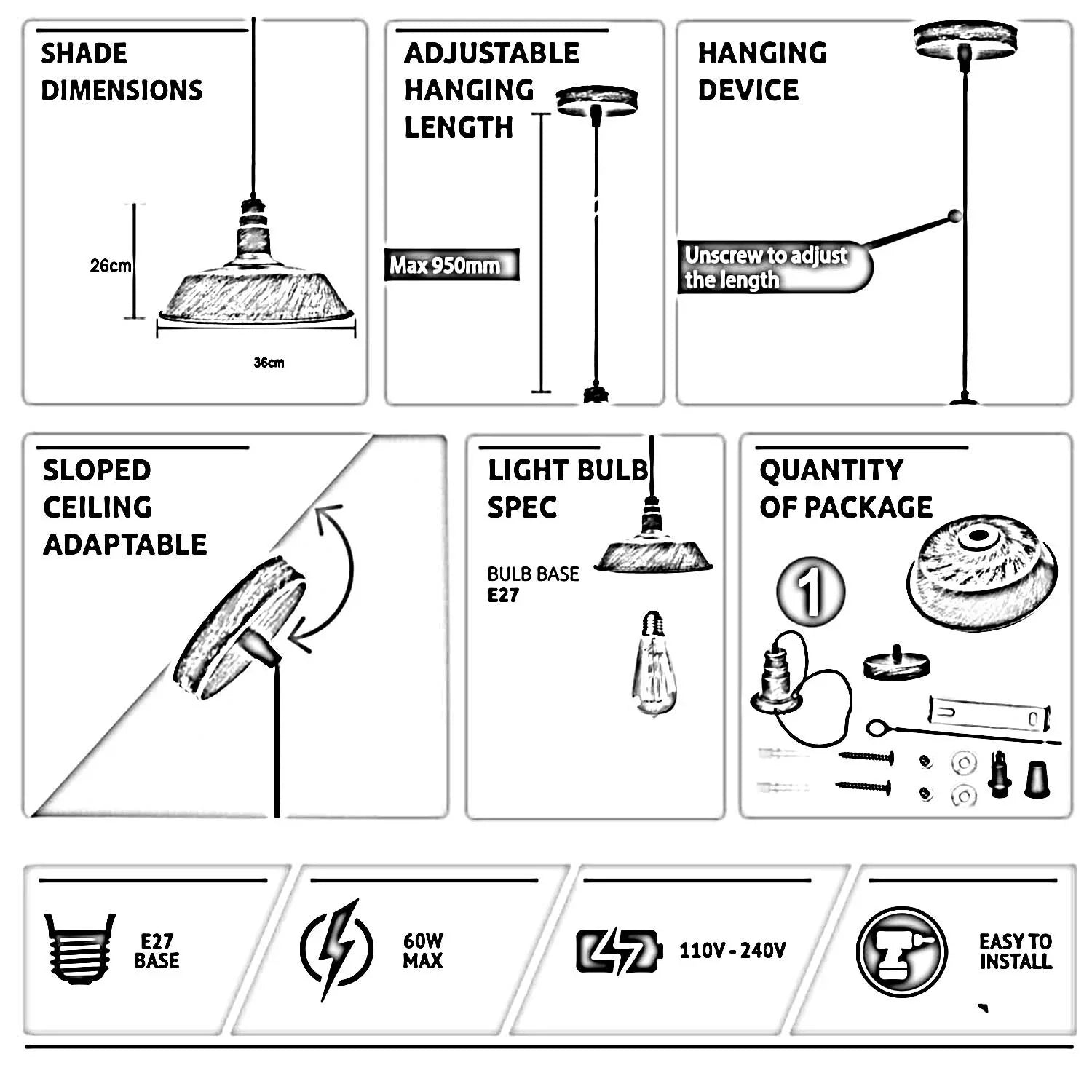 Vintage Style Metal Brushed Copper Ceiling Light Pendant Lamp~5831