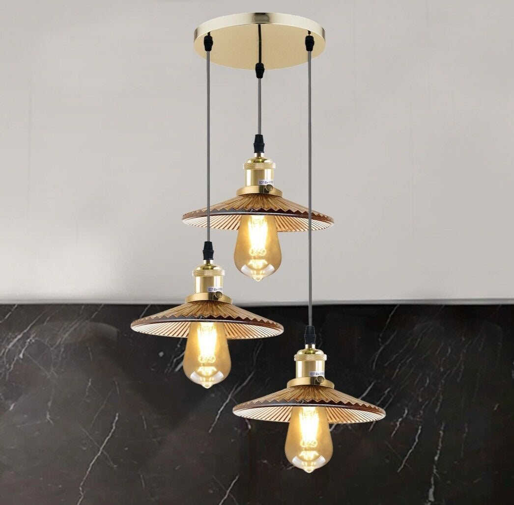 Vintage Industrial Amber Glass 3-Way Ceiling Pendant Light Fixture