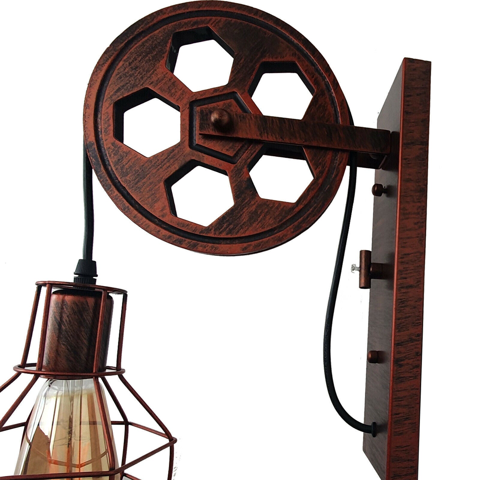 Vintage Industrial Metal Wood Pulley Wall Sconce Light Adjustable Retro Design