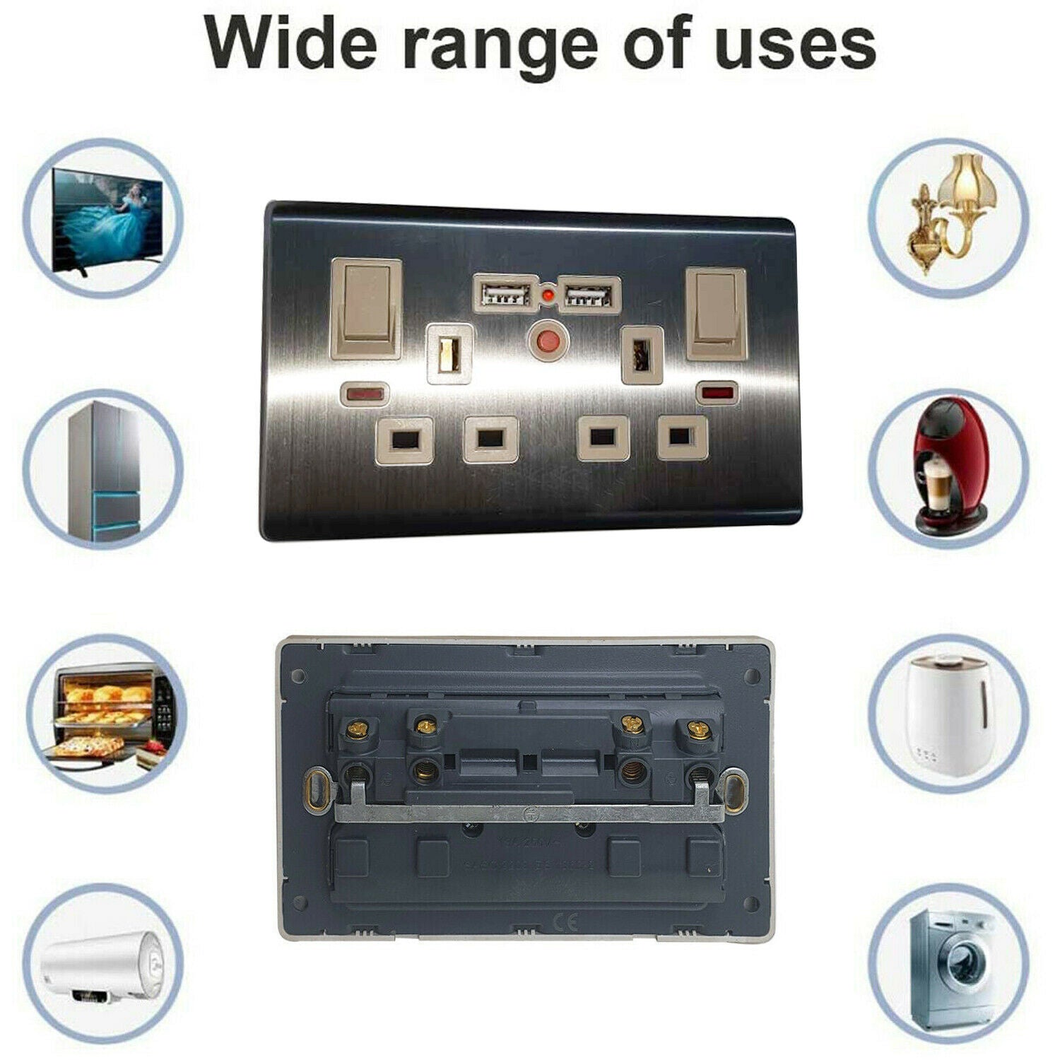 Modern Screwless Flat Plate 13A Wall Socket with Dual USB Charging Ports