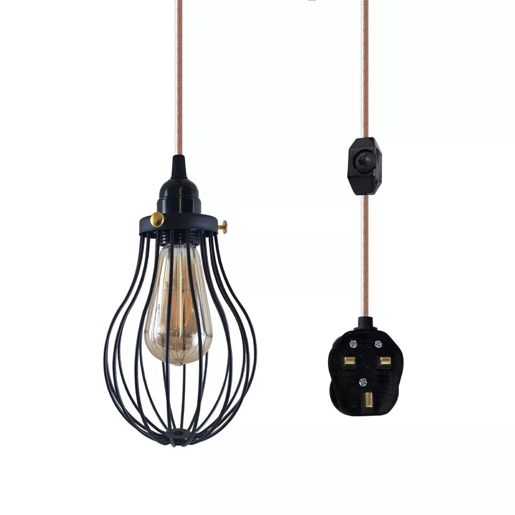 LEDSone E27 Dimmable Plug-in Pendant Light, 2M Fabric Cable & Cage