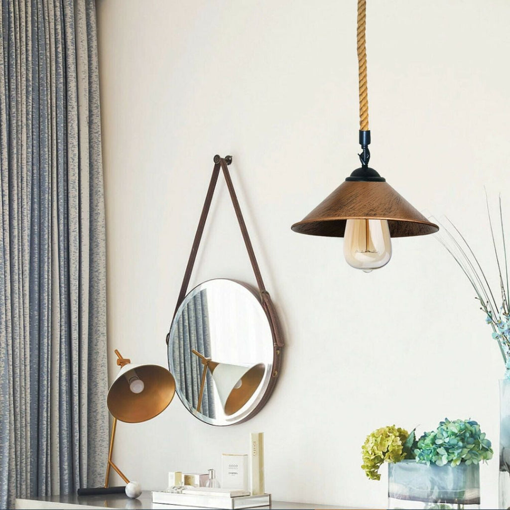 Industrial Metal Pendant Light with Vintage Hemp Rope Suspension