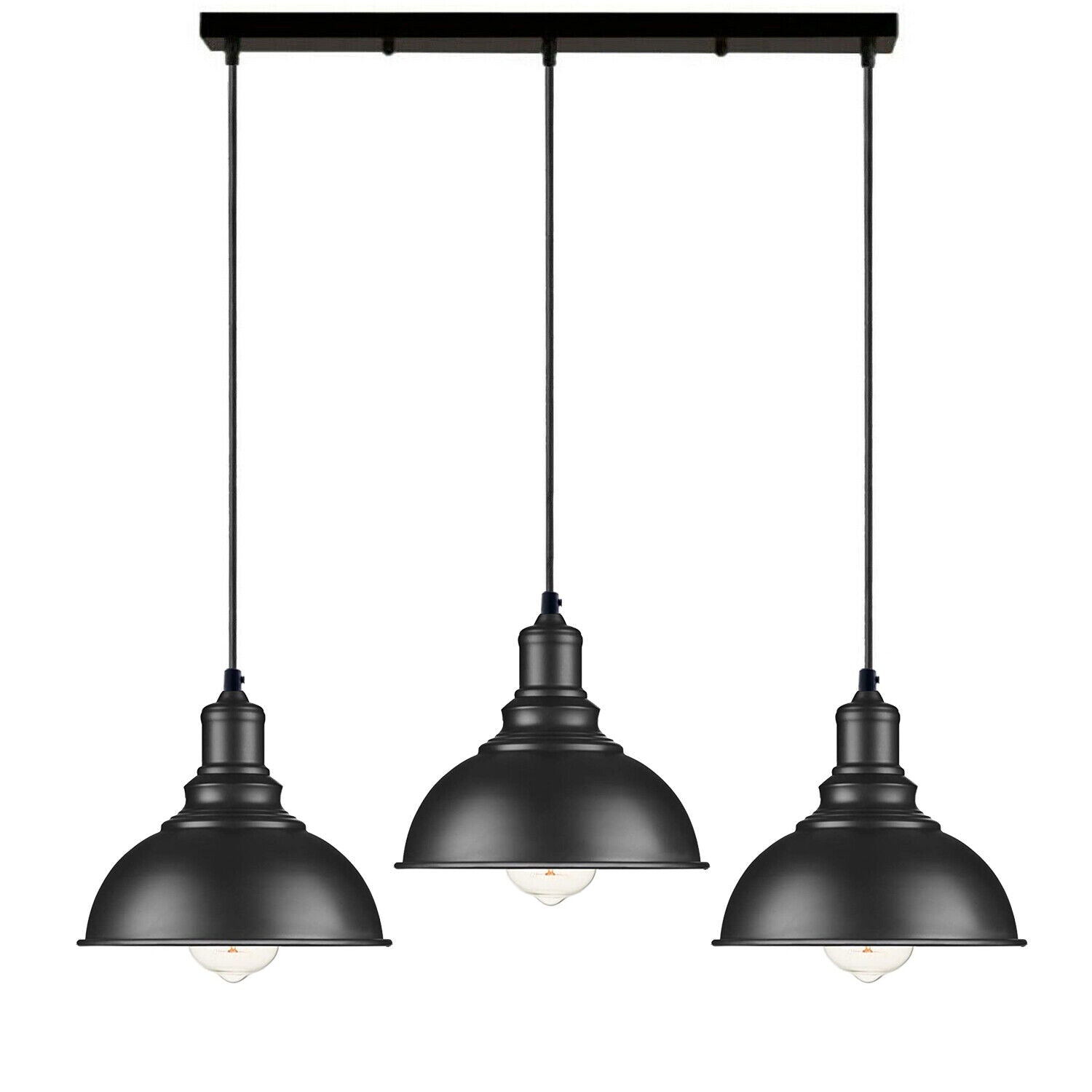 Black Industrial 3-Light Dome Pendant Ceiling Lamp Fixture Adjustable Cables