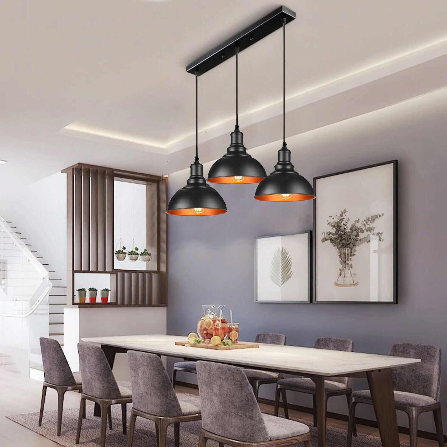 Black Industrial 3-Light Dome Pendant Ceiling Lamp Fixture Adjustable Cables