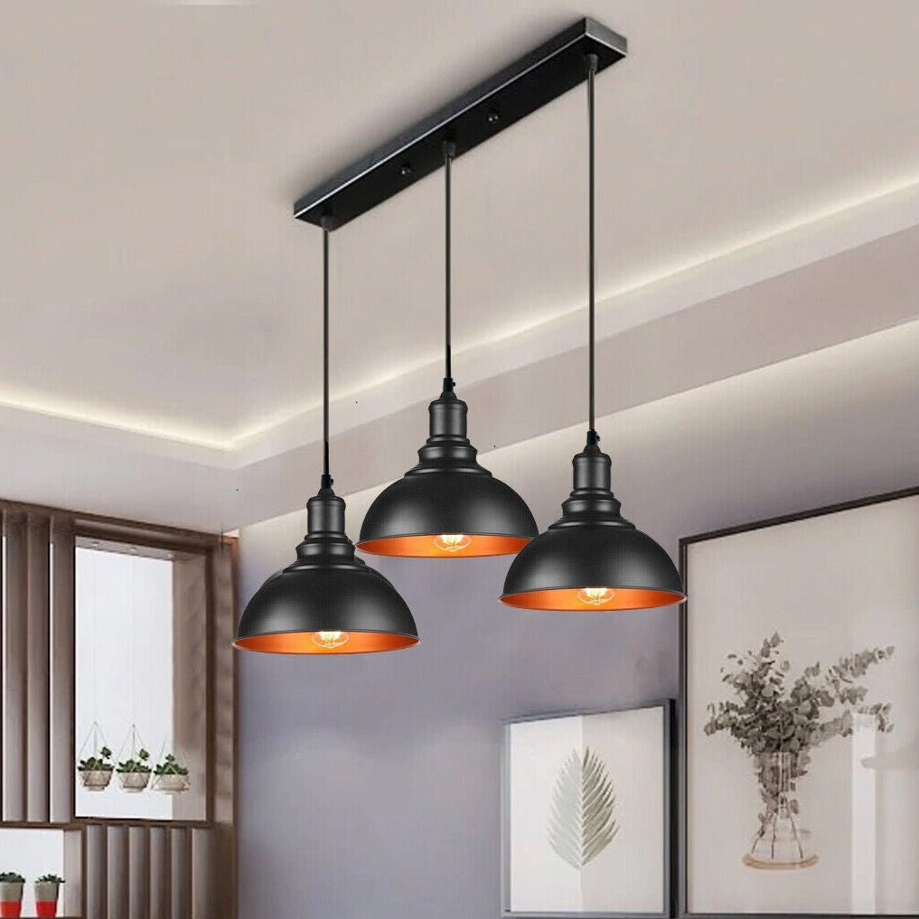 Black Industrial 3-Light Dome Pendant Ceiling Lamp Fixture Adjustable Cables