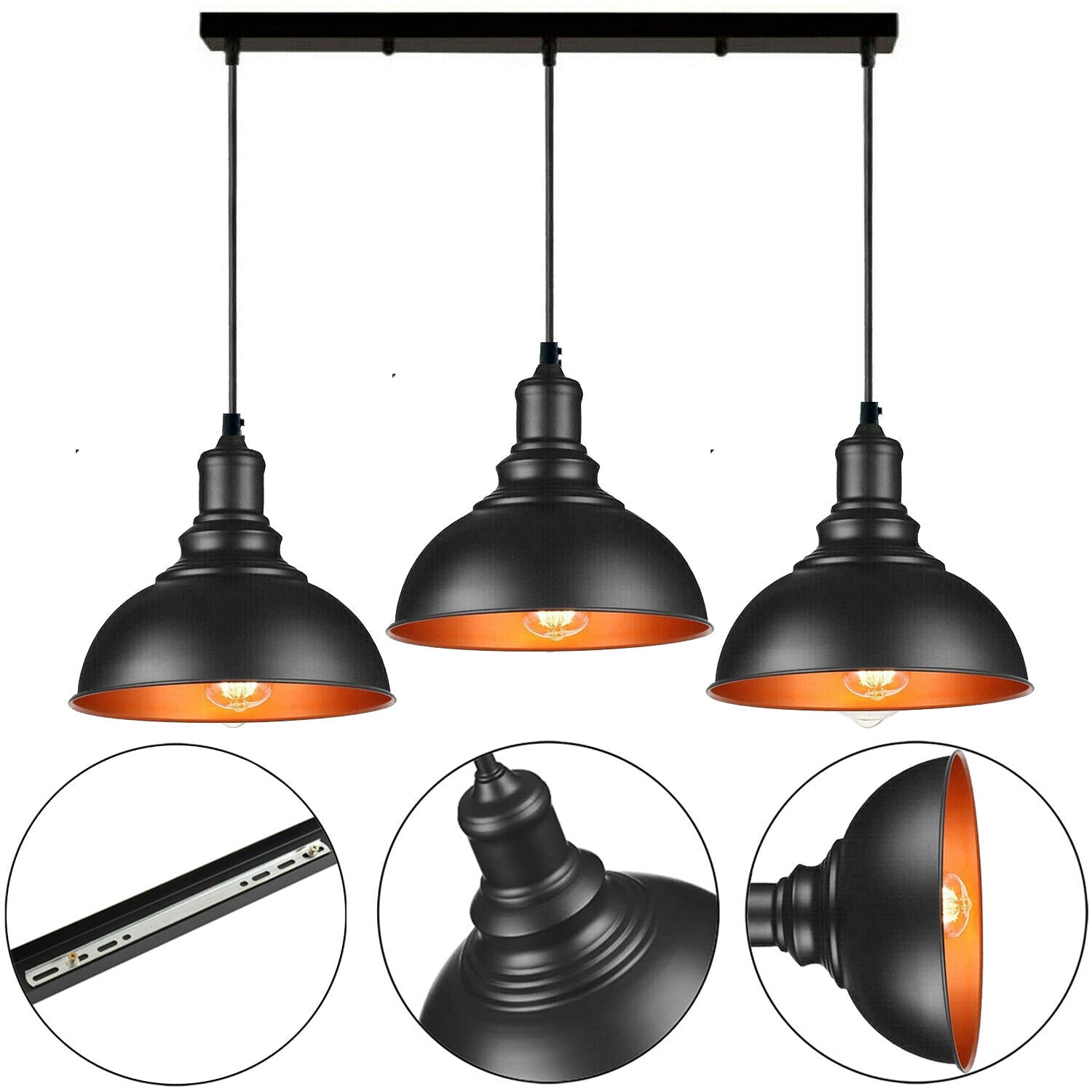 Black Industrial 3-Light Dome Pendant Adjustable Hanging Modern Ceiling Fixture