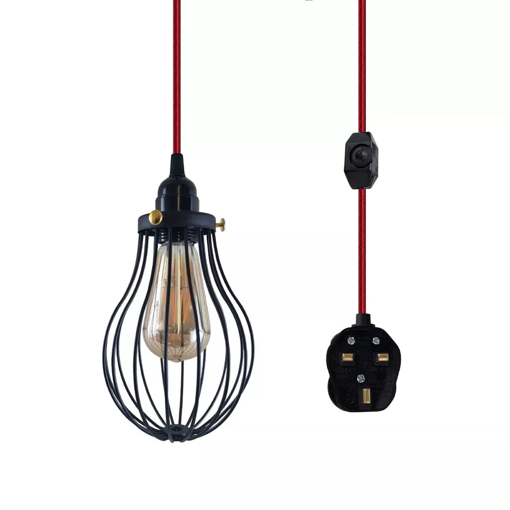 LEDSone E27 Dimmable Plug-in Pendant Light, 2M Fabric Cable & Cage