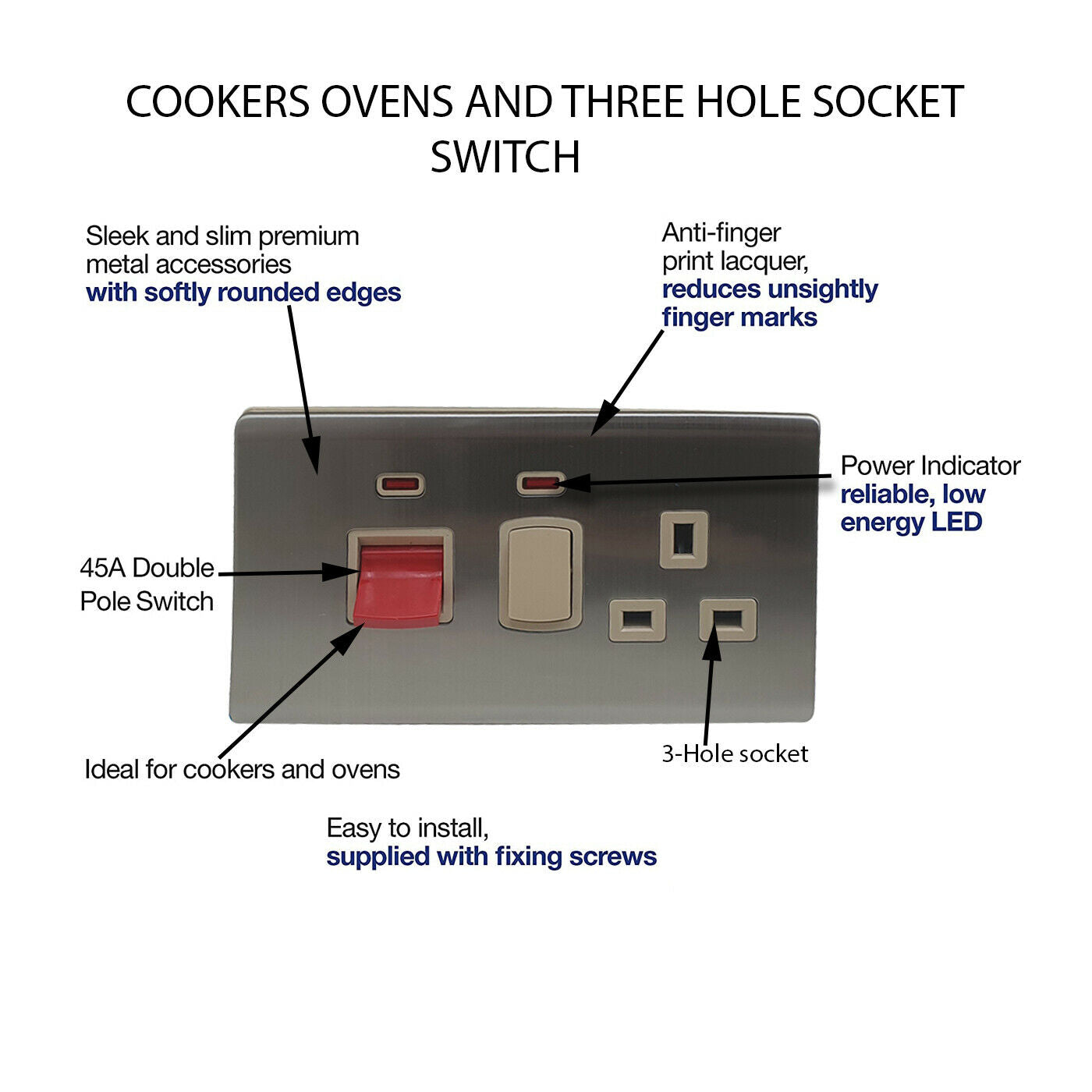 Modern Screwless Flat Plate 13A Wall Socket with Dual USB Charging Ports