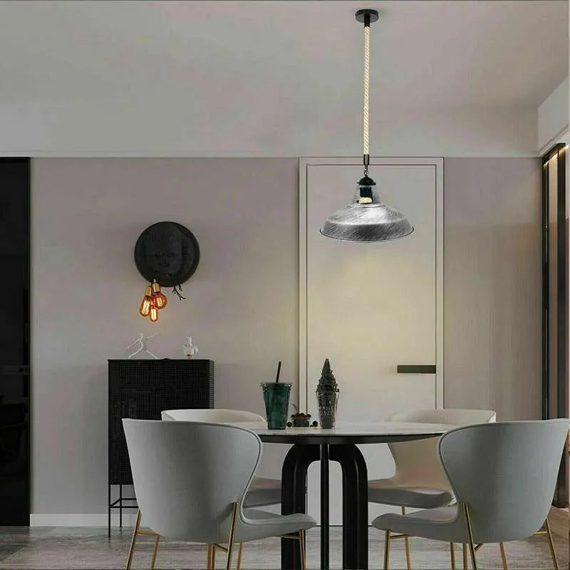 Industrial Farmhouse Hemp Rope Ceiling Pendant Light Fixture with Metal Shade