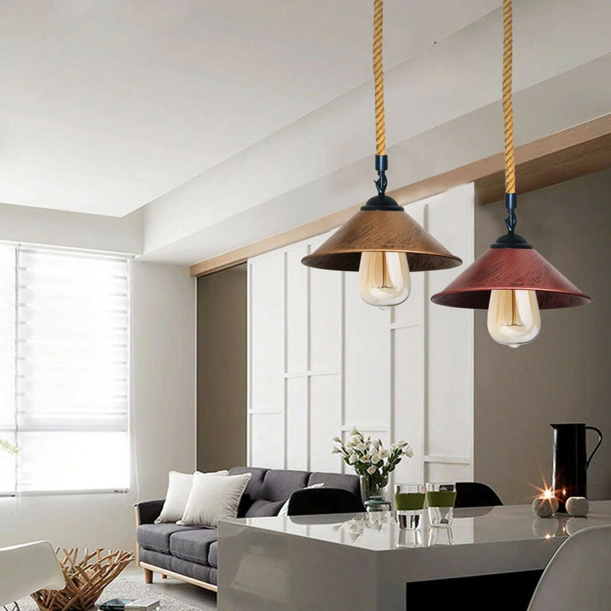 Modern Hemp Rope Metal Pendant Light, Industrial Rustic Ceiling Lamp Fixture