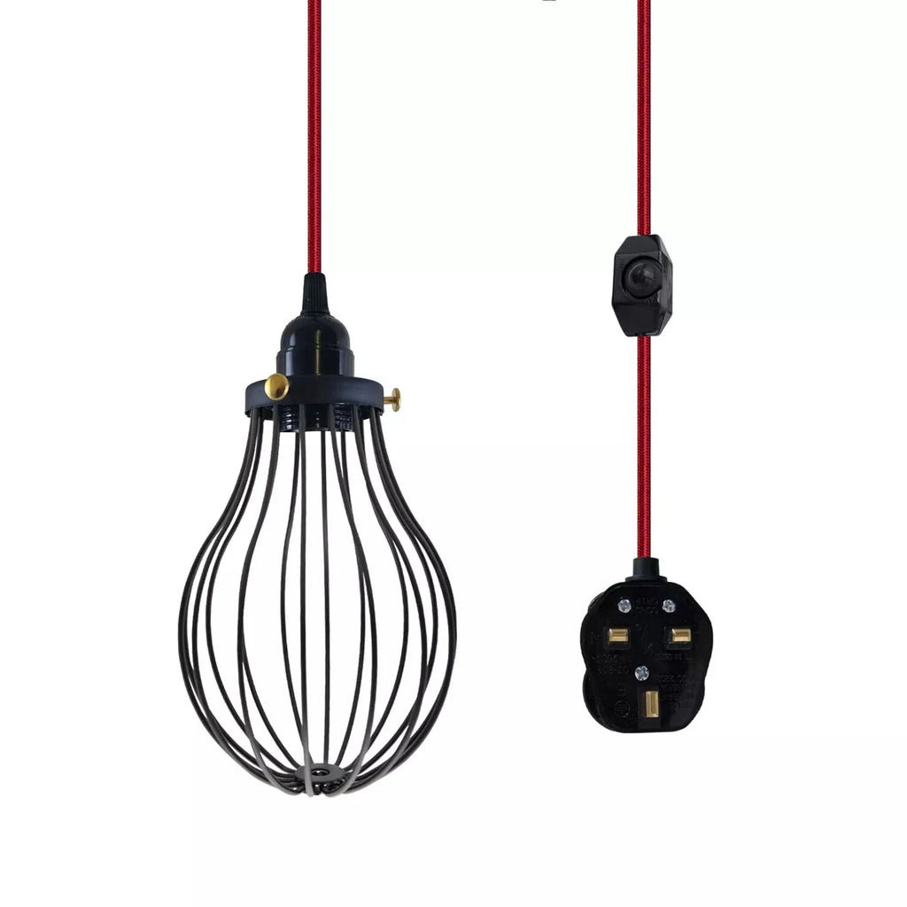 LEDSone E27 Dimmable Plug-in Pendant Light, 2M Fabric Cable & Cage