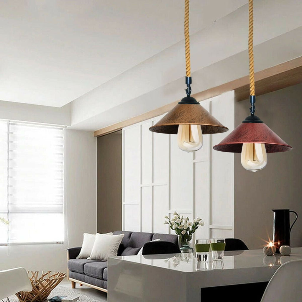 Industrial Metal Pendant Light with Vintage Hemp Rope Suspension