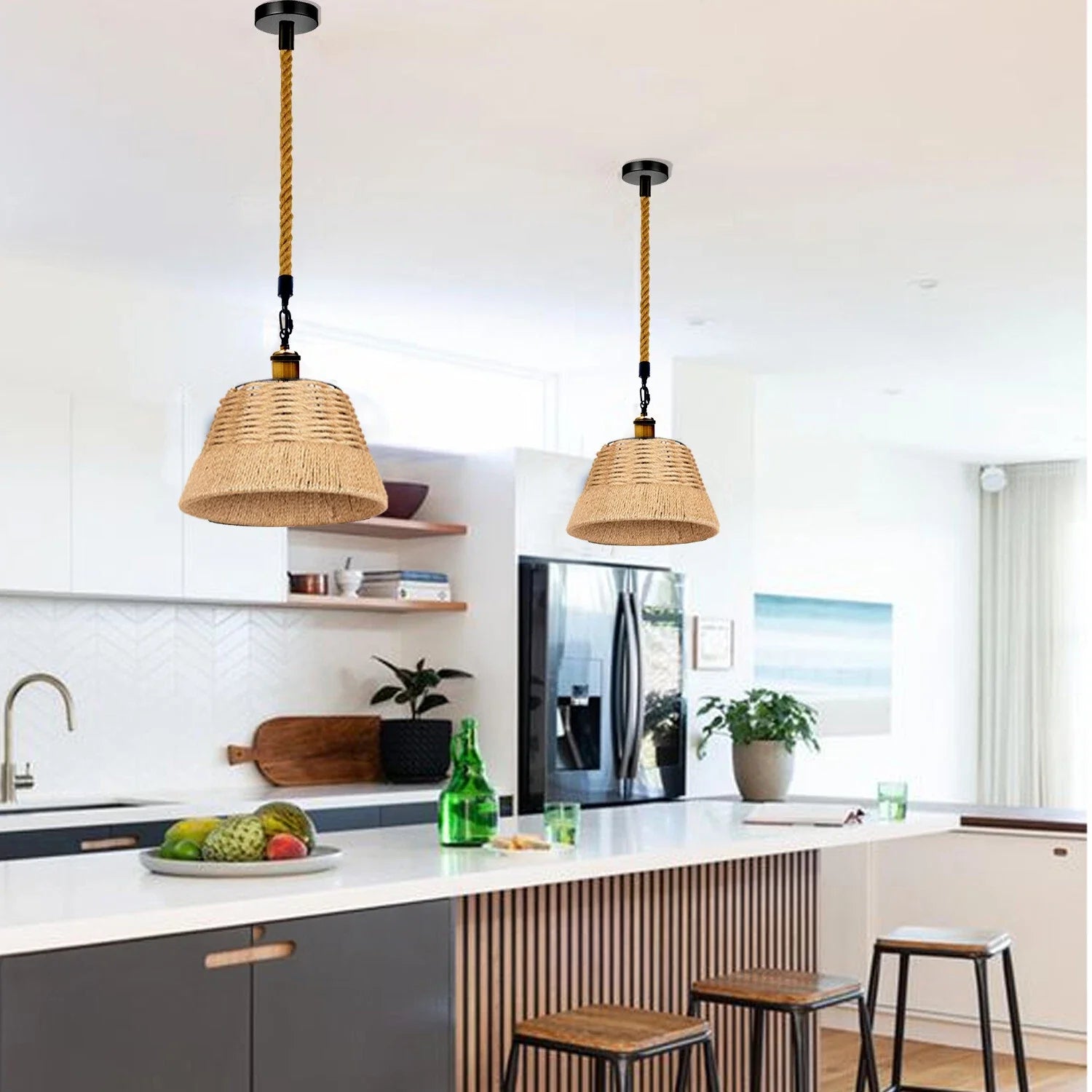 Rustic Industrial Hemp Rope Drum Shade Pendant Light Fixture for Home Decor