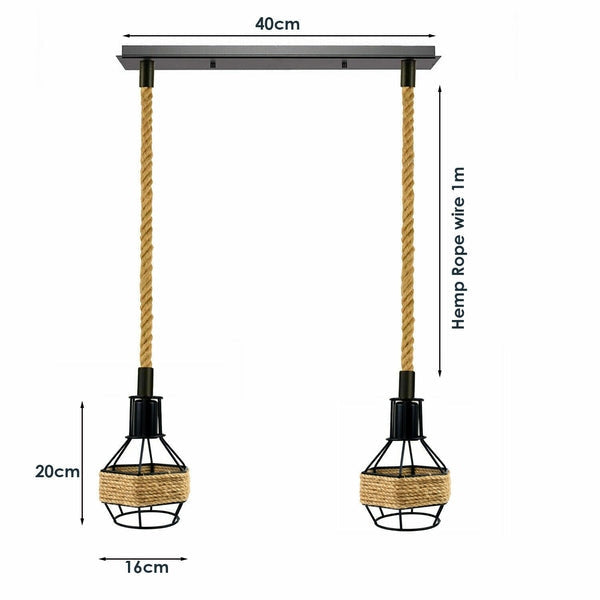 Vintage Industrial Hemp Rope Pendant Light Fixture with Metal Cage Shade