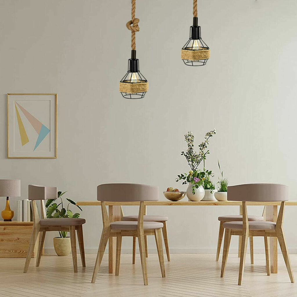 Vintage Industrial Dual Head Hemp Rope Pendant Light E27 Adjustable Ceiling Lamp