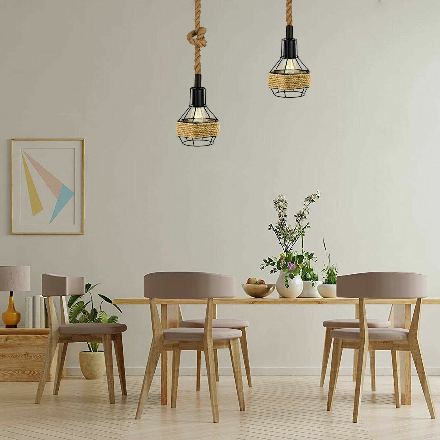 Vintage Industrial Dual Head Hemp Rope Pendant Light E27 Adjustable Ceiling Lamp