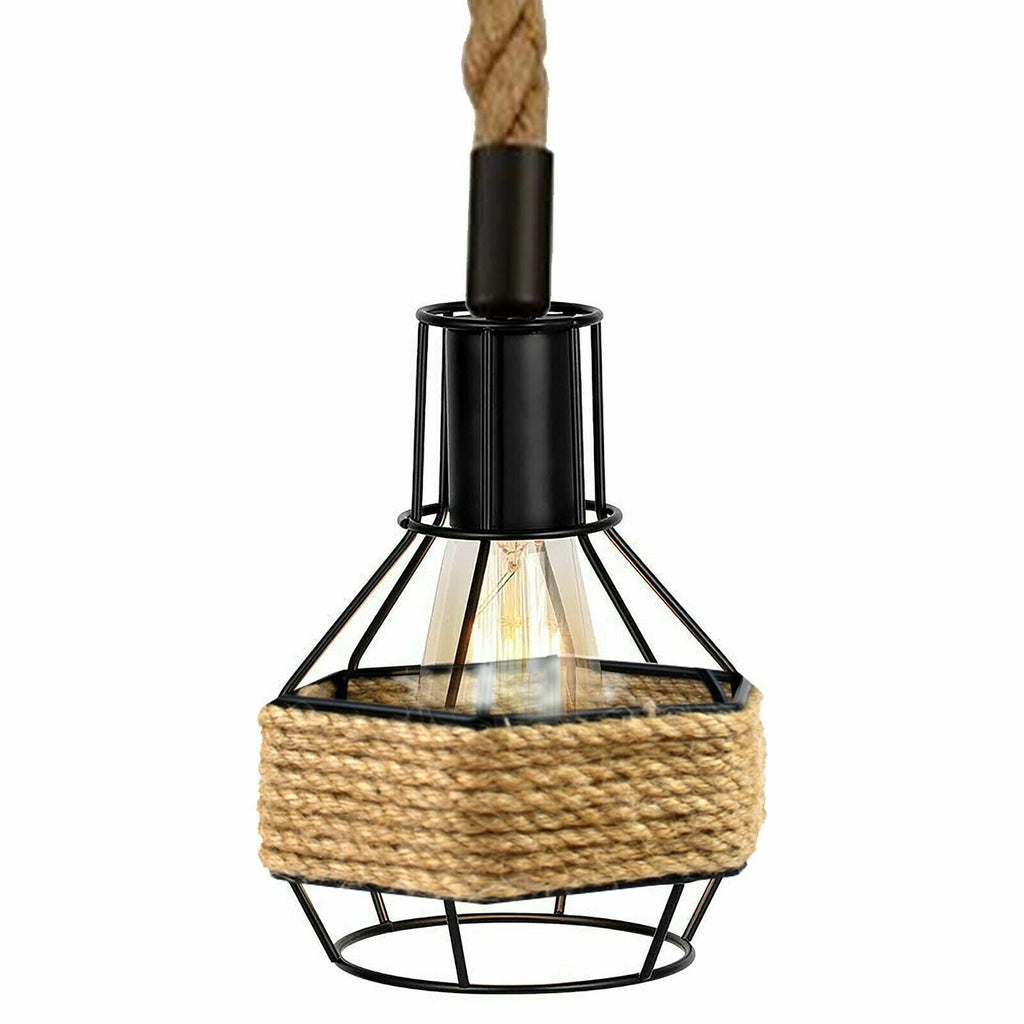 Vintage Industrial Dual Head Hemp Rope Pendant Light E27 Adjustable Ceiling Lamp