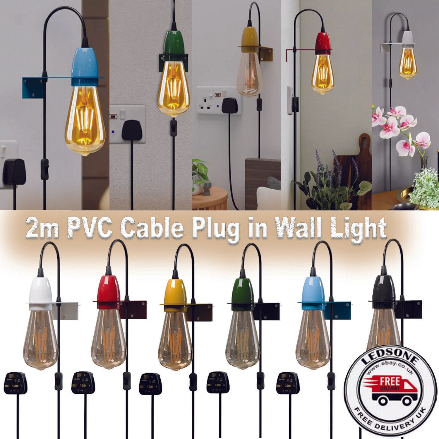 Plug-In Wall Light E27 Socket Adjustable Hanging Cord ~ 5696