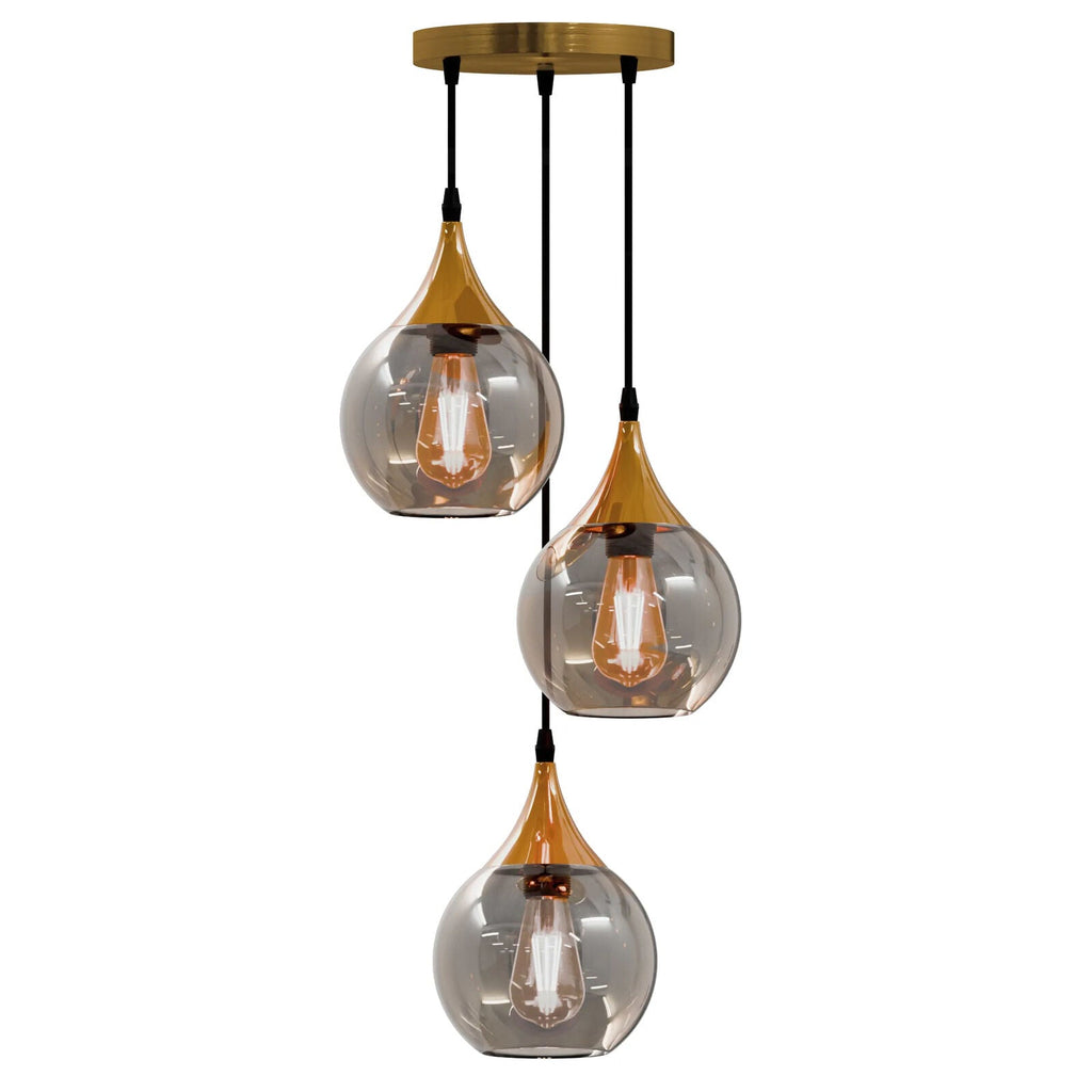 3-Light Amber Globe Glass Pendant Chandelier with Adjustable Cords