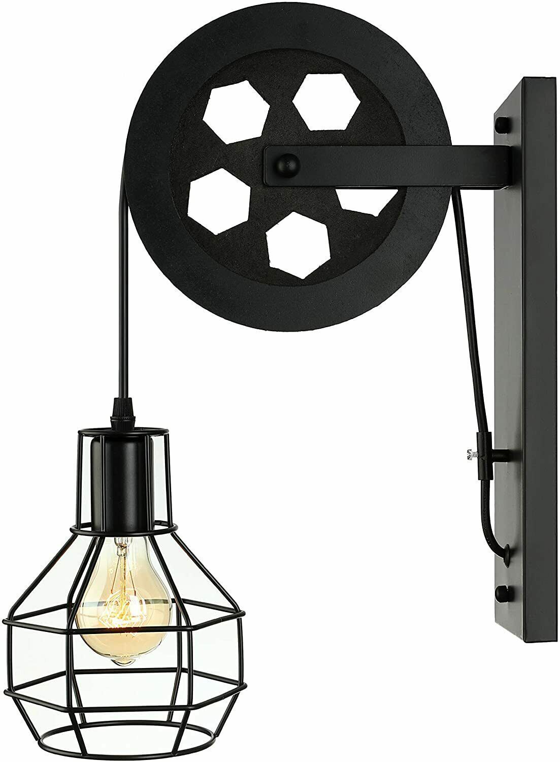 Vintage Industrial Metal Wood Pulley Wall Sconce Light Adjustable Retro Design