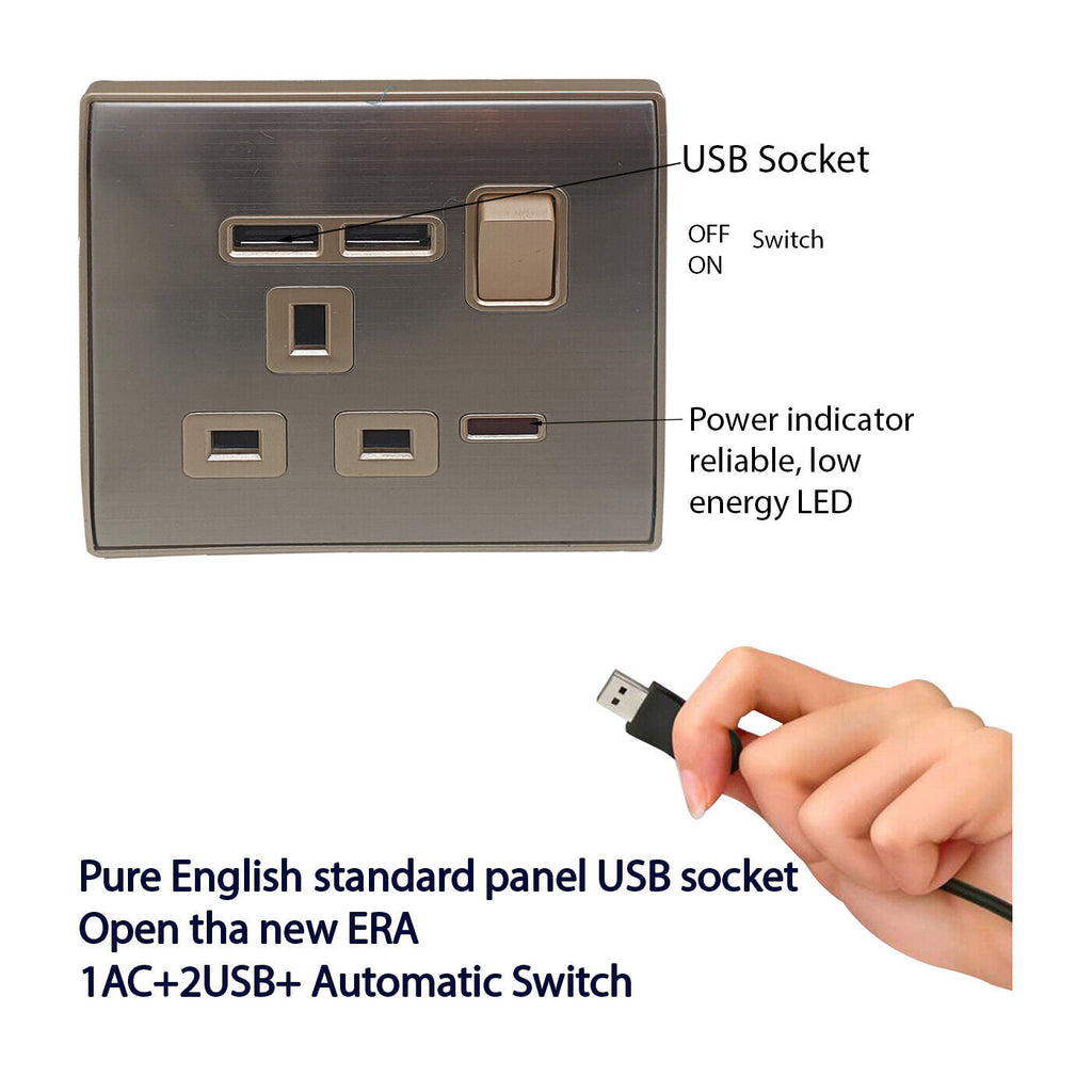Modern Screwless Flat Plate 13A Wall Socket with Dual USB Charging Ports
