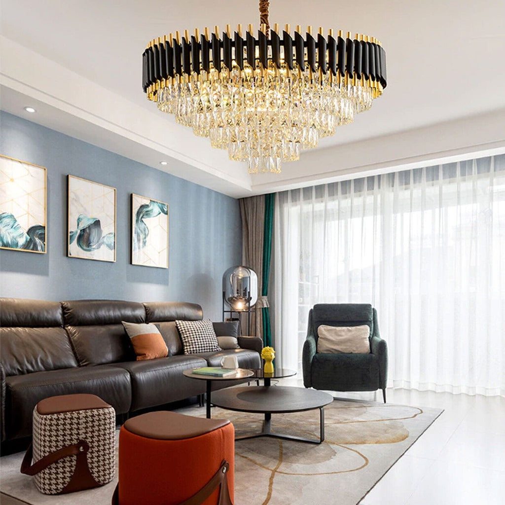 Modern Black Gold Crystal Chandelier & Matching Wall Sconce Light Set