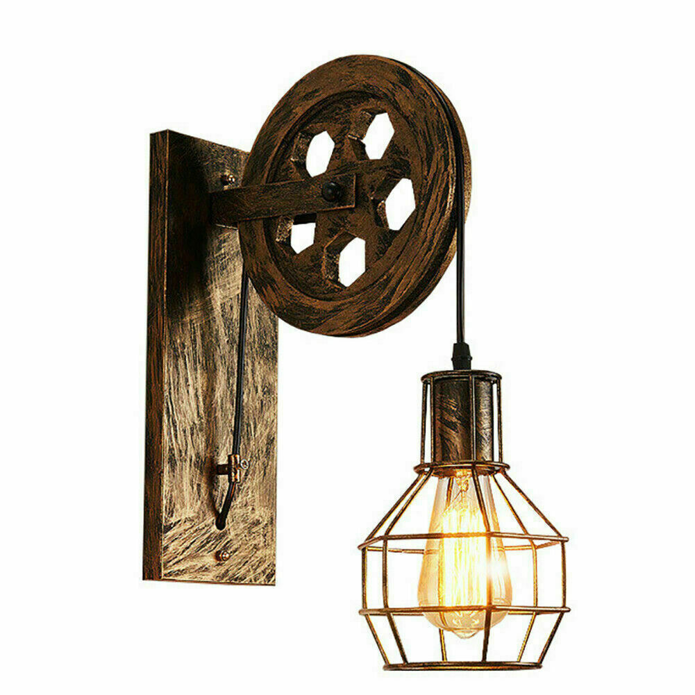 Vintage Industrial Metal Wood Pulley Wall Sconce Light Adjustable Retro Design