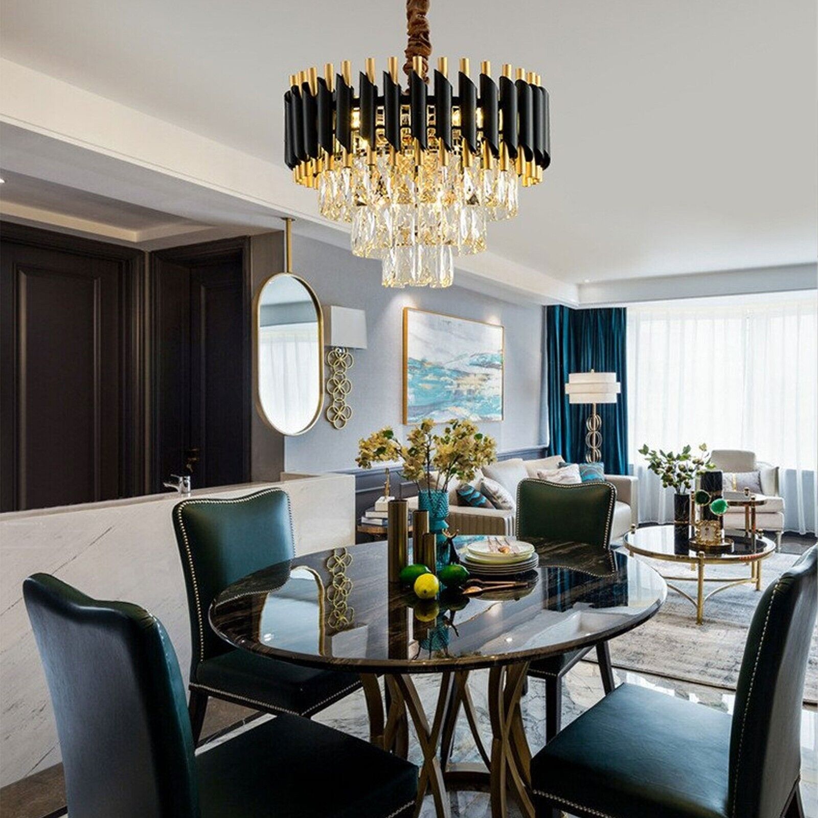 Modern Black Gold Crystal Chandelier & Matching Wall Sconce Light Set