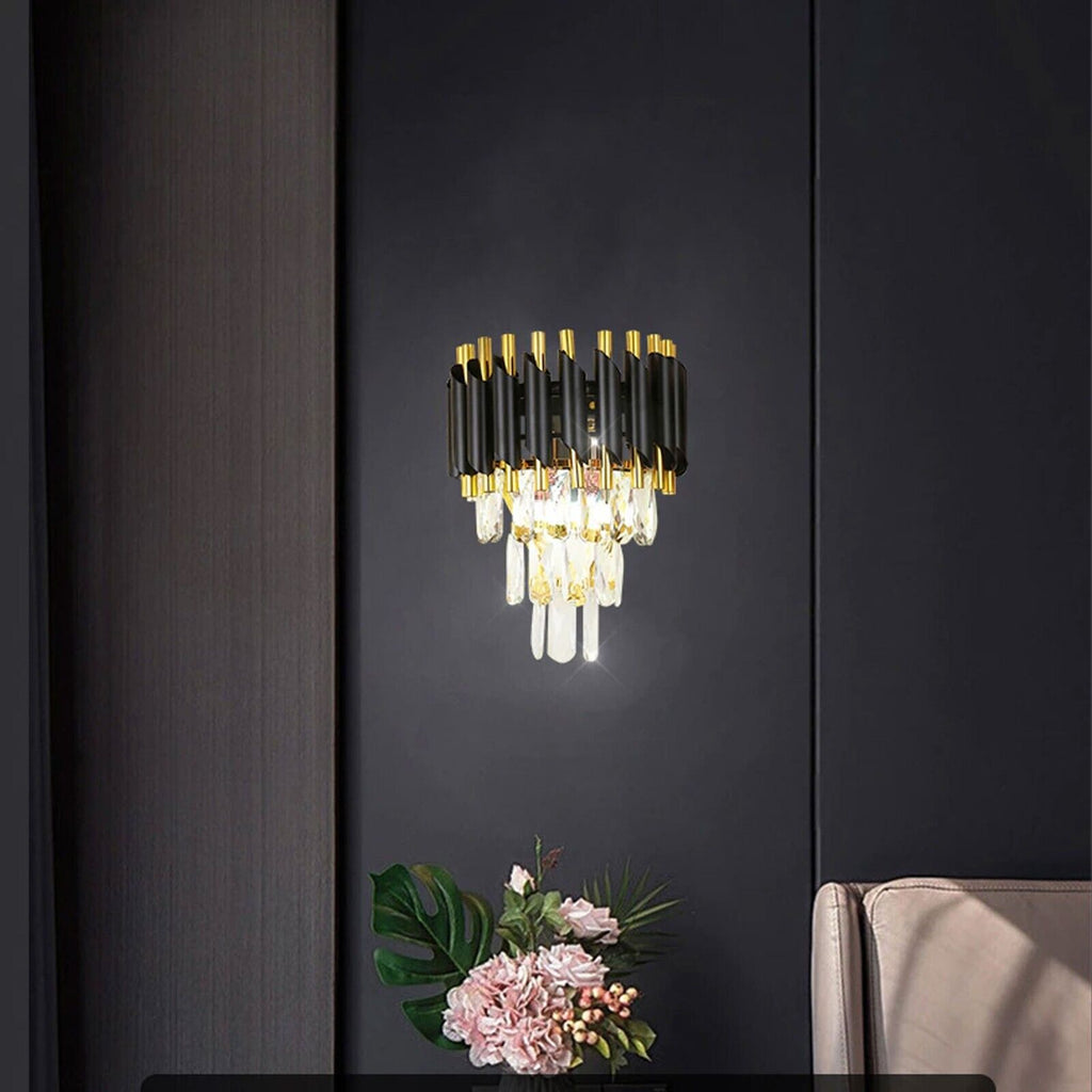 Modern Black Gold Crystal Chandelier & Matching Wall Sconce Light Set